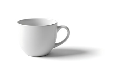 Obraz premium A smooth white ceramic mug with a rounded body and a simple C-shaped handle is positioned on a white surface, casting a soft shadow to its right, highlighting its clean, minimalist and pristine