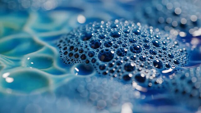 Abstract macro shot revealing the deep, detailed, bubbling texture of a soft ocean blue ceramic glaze slowly shifting focus across the surface graphics, earthenware, bubbling