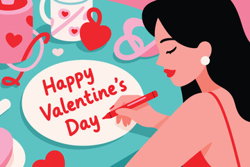 Woman writing &ldquo;Happy Valentine&rsquo;s Day&rdquo; on white card surrounded by hearts, ribbons, and romantic decor.