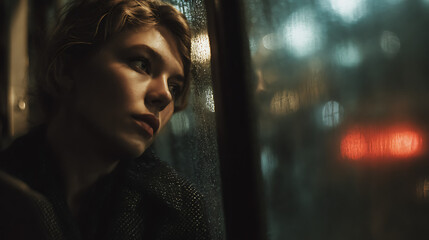 Lonely Female Passenger Looking Out Of Train Window At Night