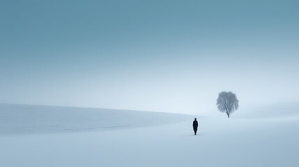 Lonely Man Walking Alone In A Snowy Winter Field