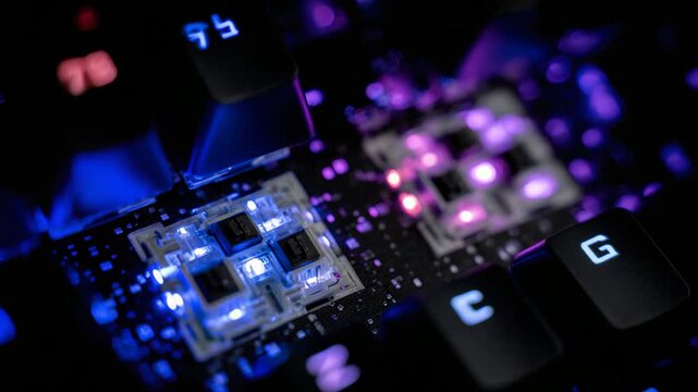 Macro close-up of RGB lighting glowing between mechanical key switches, creating a futuristic digital aesthetic