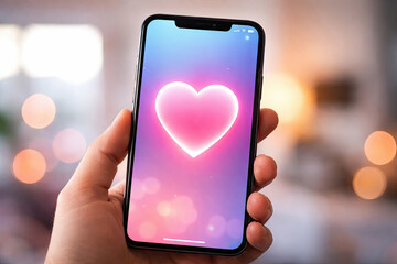 Smartphone screen with a glowing heart icon . Digital message: Valentine's Day