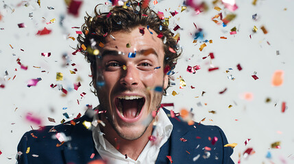Successful Man Screaming In Joy With Confetti Celebrating Win On White Background