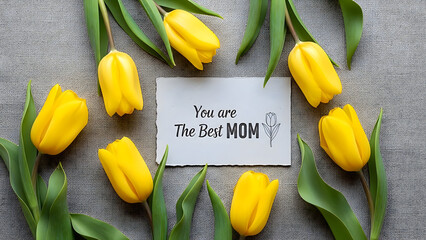Yellow Tulips and Card with You are The Best MOM Message stock mother's day