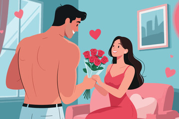 Man giving red roses to woman on pink couch with heart pillow in romantic indoor Valentine setting.
