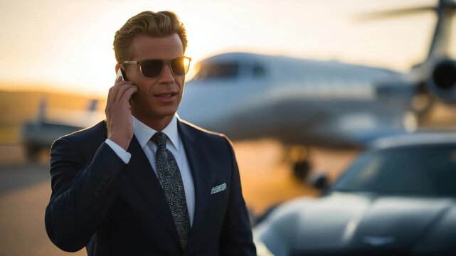Millionaire businessman in a tailored suit talking on his smartphone beside a sleek private jet, luxury car parked nearby, golden sunrise casting long shadows across the airport ta