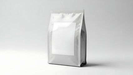 A white stand-up pouch bag with a textured seal and a large blank square label on its front is displayed on a clean white surface with soft lighting, food packaging, coffee, or other product mockups