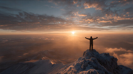 Successful Mountain Climber Reaching Summit Celebrating Victory At Sunrise