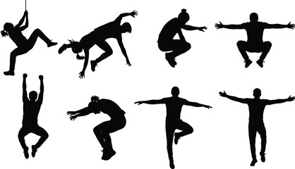 Obraz premium Set of eight black parkour and climbing silhouettes featuring athletes jumping, hanging, and performing urban extreme sports stunts on white background. (20 words)