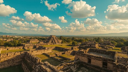 Obraz premium Ancient Mayan ruins at Chichen Itza under a cloudy sky, showcasing historical architecture and lush landscape.