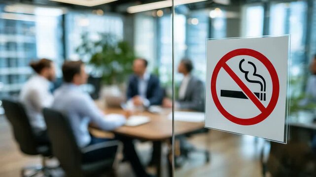 No smoking decal on glass panel, crisp red and white detail, employees in blurred background around a meeting table, modern office with open layout and abundant sunlight