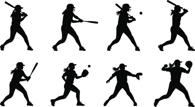 Set of eight black silhouettes featuring female softball players batting, pitching, and catching in various dynamic action sports poses. (20 words)