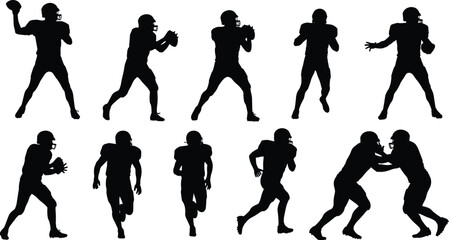 Set of eleven black silhouettes featuring American football players throwing, running, and blocking in various dynamic action sports poses. (20 words)