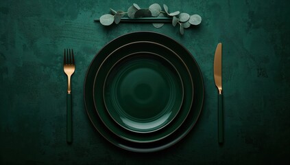 Minimalist tableware arrangement with black plates and golden fork and knife, modern dining aesthetic for hospitality branding