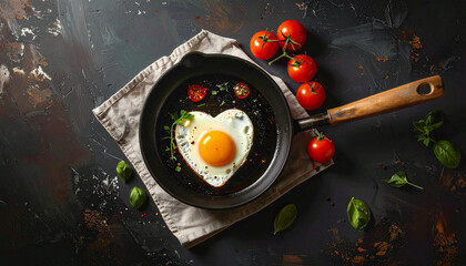 Heart shaped fried egg in a pan with tomatoes and basil, delicious breakfast