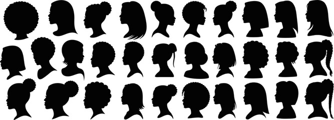 Minimal black and white vector illustration of women profile silhouettes with diverse hairstyles. Perfect for beauty branding, hair salons, fashion projects and graphics.