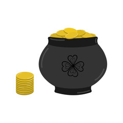 A clay cauldron with gold coins is isolated.