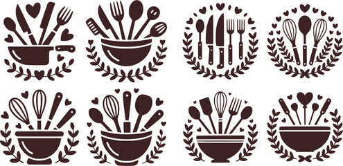 Vector set of kitchen utensil emblems with bowls, knives, whisks and heart elements. Black silhouette cooking icons perfect for logos, decor, prints and handmade design.