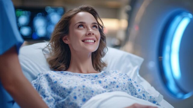 Patient lying on an MRI table slowly sliding into the glowing circular scanner, nurse in scrubs gently adjusting their position, radiology room filled with soft clinical lighting a