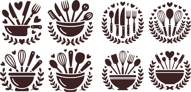 Vector set of kitchen utensil emblems with bowls, knives, whisks and heart elements. Black silhouette cooking icons perfect for logos, decor, prints and handmade design.