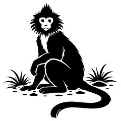 Black and white vector illustration of a cute sitting monkey with fluffy fur and a long curved tail, minimalist silhouette style with simple ground details, isolated on a white background.