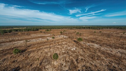 Dry landscape with sparse trees and a partly cloudy sky, showing deforestation and environmental degradation.