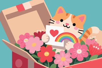 Cute orange white cat in box of flowers holding heart and rainbow card on teal background.