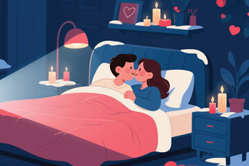 Couple sitting in bed smiling at each other with candles and heart decor in cozy Valentine setting.