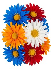 Colorful bouquet of daisies in red, orange, blue, and white on white