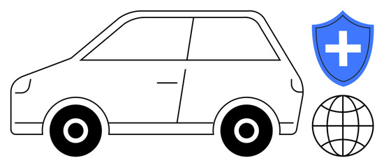 Road safety, transportation solutions, insurance policies, travel services, worldwide mobility, safety measures. A car with a shield and globe icon. Road safety and transportation solutions theme © robu_s