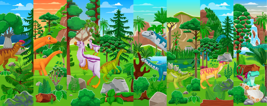Prehistoric dinosaurs cartoon characters collage. Prehistoric dinosaurs banner, paleontology reptile collage with Monolophosaurus, Hypselosaurus, Anchisaurus and Barapasaurus in forest landscape