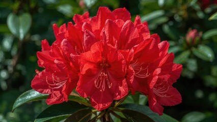 Red flowering plant with green foliage, vibrant blossoms, and intricate petal patterns.