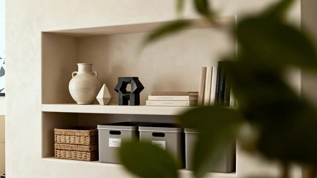 Medium shot of a custom drywall inset featuring builtin shelving with decorative items neatly arranged highlighting practical storage solutions in modern interiors.