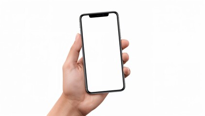Blank Screen Mobile Phone Held in Hand on White Background, app design mockup, technology concept