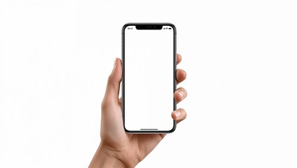 Hand Holding Smartphone with Blank White Screen Isolated on White Background, mobile mockup, app presentation