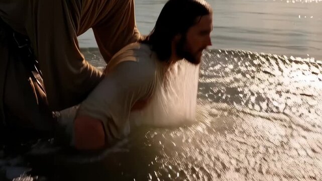 The baptism of Jesus in the River Jordan. John the Baptist immerses him in the water