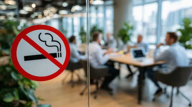 Prominent no smoking symbol on office door glass, background showing out-of-focus employees at table, contemporary office with minimalistic furniture, bright and airy setting