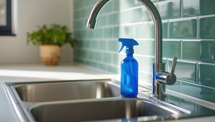 Kitchen Sink with Cleaning Spray Bottle and Modern Faucet, household cleaning, hygiene concept, home interior