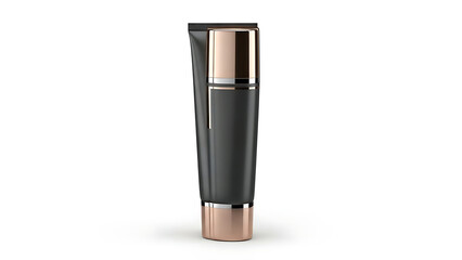 Sleek black cosmetic tube with rose gold metallic accents on a white background with subtle shadow b4b0