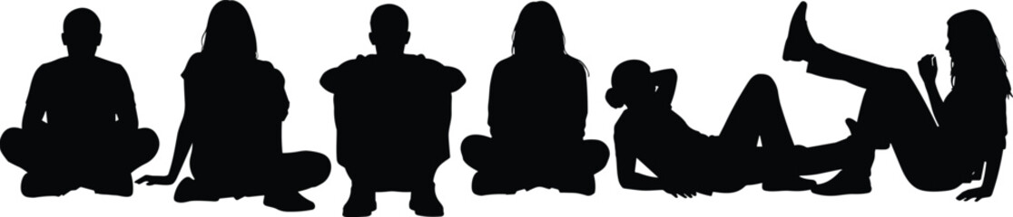 Sitting, people, silhouette, collection, men, women, poses, casual, lifestyle, relaxation, resting, floor, body, language, human, black, figures, isolated, white, background