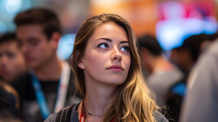 Puzzled Young Woman Feeling Awkward At Crowded Tech Convention