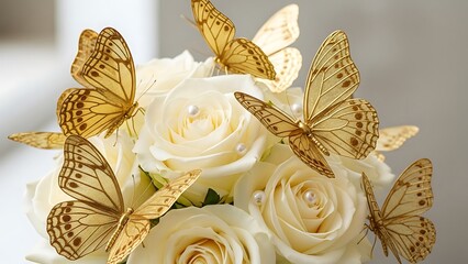 Golden butterflies on white roses bouquet with elegant flowers