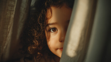 Shy Little Girl Peeking Behind Curtain In Sunlit Bedroom