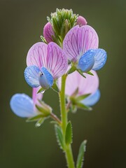 Beautiful pink and blue flower with green stem and leaves outdoors