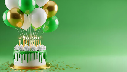 Birthday cake with green and white balloons on green background with gold accents