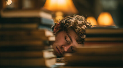 Sleepy University Student Sleeping On Books In Library