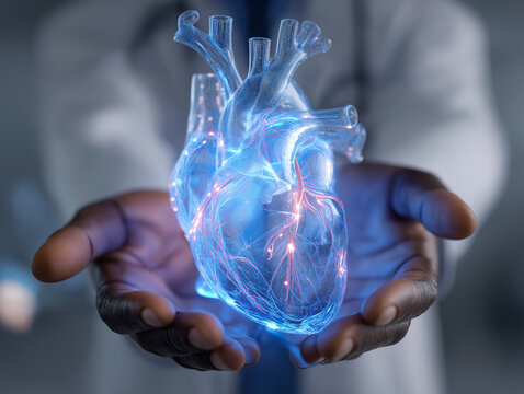 Cyfrowe hologramowe serce w dłoniach lekarza &ndash; nowoczesna technologia medyczna