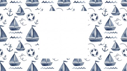 Blue watercolor boat pattern creating frame with copy space. Nautical themed border design for baby shower invitation or marine art background. © Lisicus