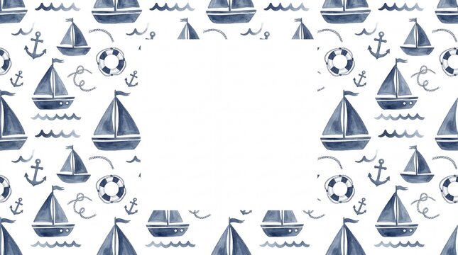 Blue watercolor boat pattern creating frame with copy space. Nautical themed border design for baby shower invitation or marine art background.